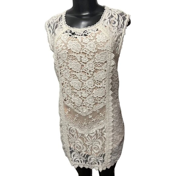 XS Champagne & Strawberry Lace Mini Dress Buttons Lined Ivory Nude Lining - Picture 5 of 11